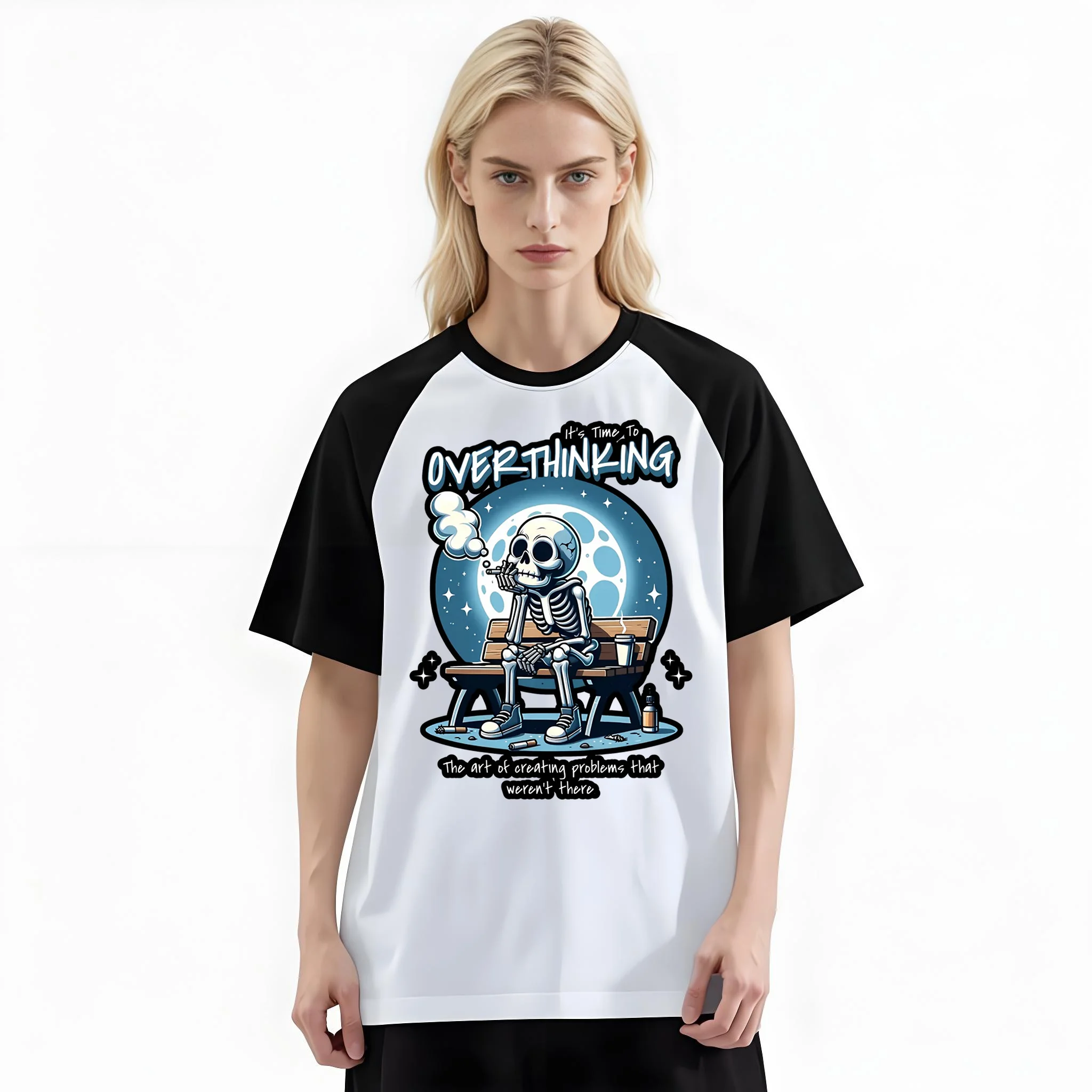 Women'S Fashion Raglan Sleeve T-Shirt, It's Time To Overthinking Moon Skeleton Bench Sad Cartoon Printed, Summer Casual Comfortable Tee, Women'S Everyday Short-Sleeve Top