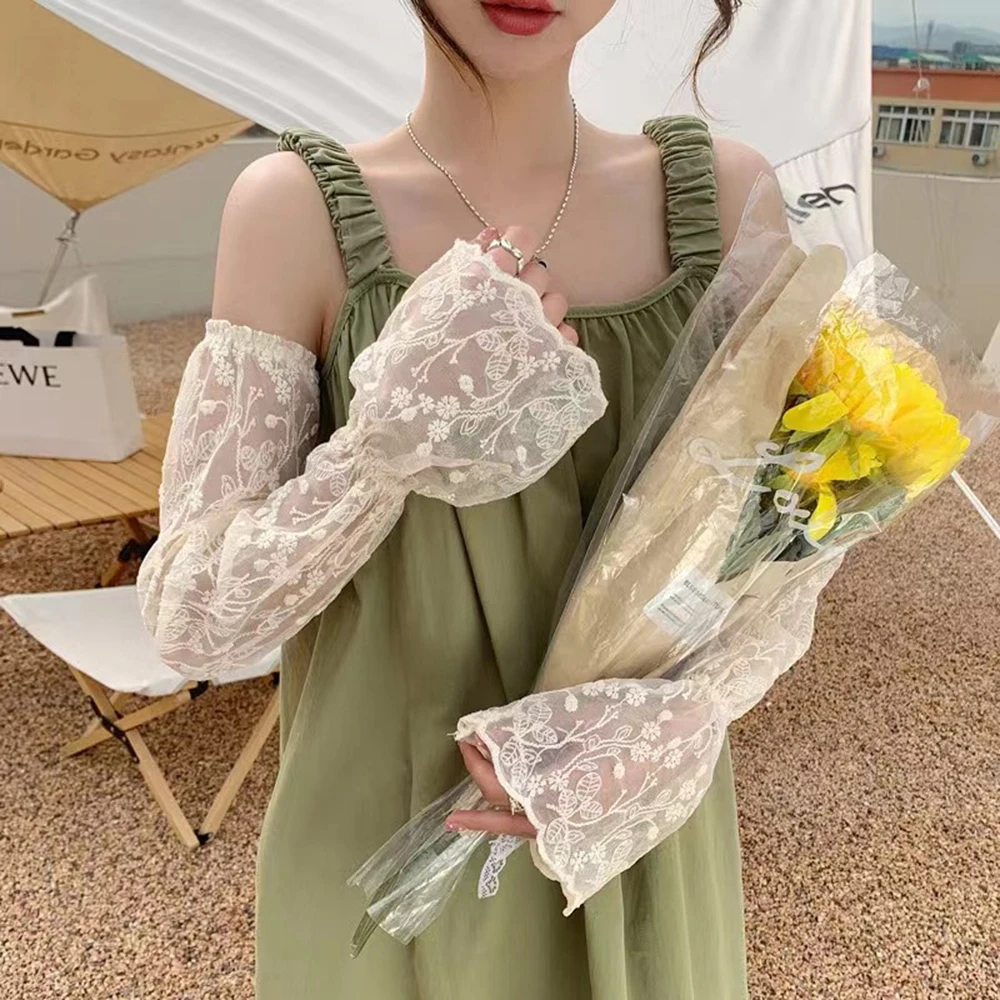 

Summer Sunscreen Long Fingerless Sleeve Girls Lace Mesh See Through Arm Sleeves Female Elastic Driving Sun Protection Arm Covers