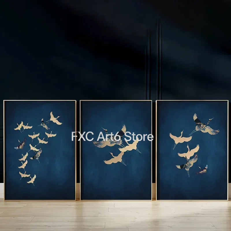 3PCS frameless Multi-size   high-definition decorative paintings, Gold Flying Crane Canvas Print, Dark Blue Heron Silhouette A