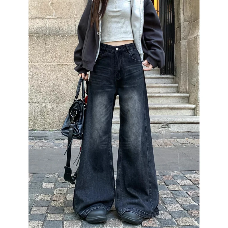 

YIBASHU женские мешковатые джинсы Y2k в стиле гранж, черные джинсовые брюки большого размера, винтажные прямые джинсовые брюки в стиле Харадзюку в японском стиле бойфренда