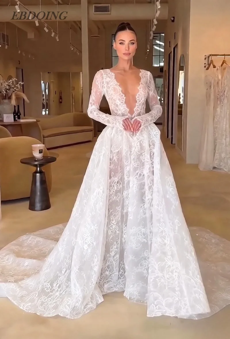 EBDOING Customized Wedding Dress A-Line Lace illusion V-Neck Neckline Full Sleeves Basque Customized Bride Gowns