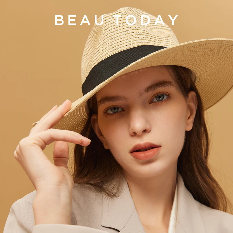 Beautoday Straw Hats Women Paper Straw Wide Brim Beige Black Panama Summer 2023 Fashion Casual Ladies Sun Caps Outdoor 96504