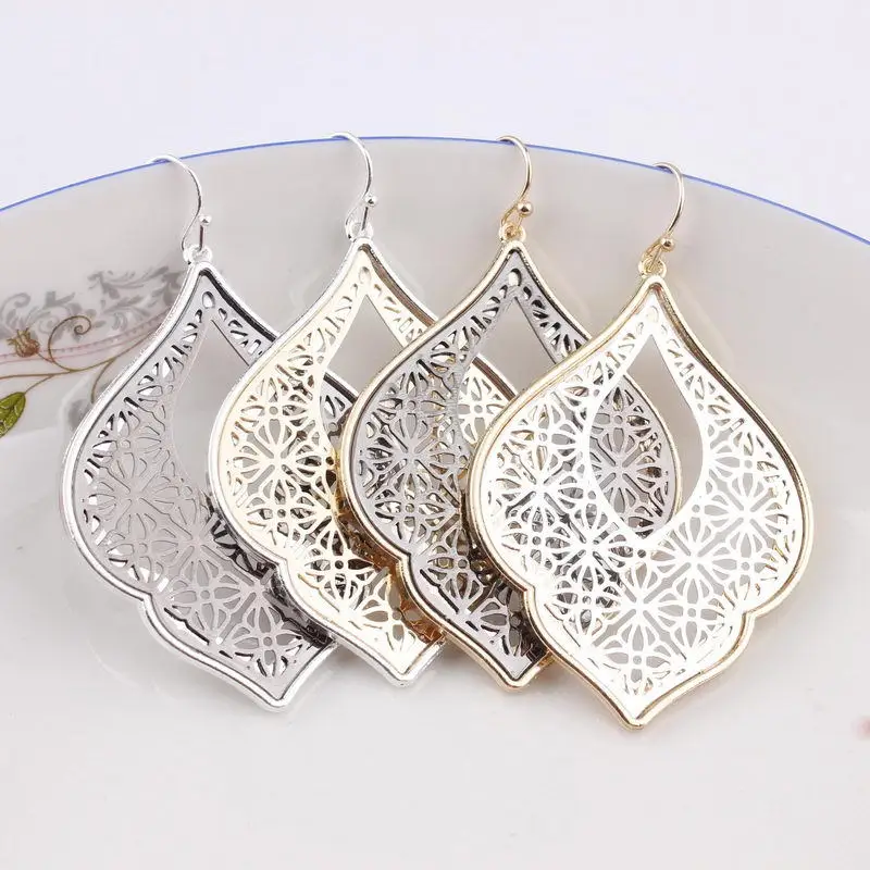 Cut Gold Silver Filigree Quatrefoil Flower Geometric Moroccan Statement Earrings Girls Women Classic Oval Teardrop Jewelry Gifts