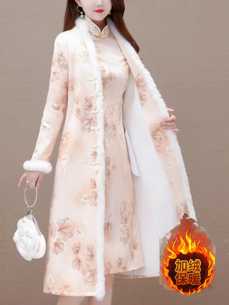 

Thiened Floral Print Qipao Sle Jaet Women's Spring Autumn Winter Vintage Hanfu Outerwear Long Sve Casual Wear