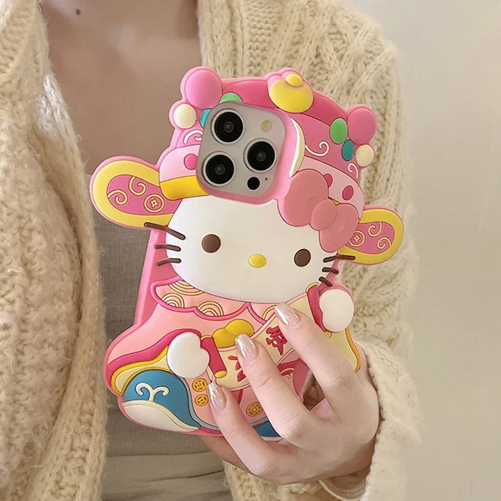 CuteFunny Sanrios Hello Kitty Three-dimensional Phone Case for IPhone 16 15 14 13 12 11 Pro Max Soft Silicone Anti-fall Cover