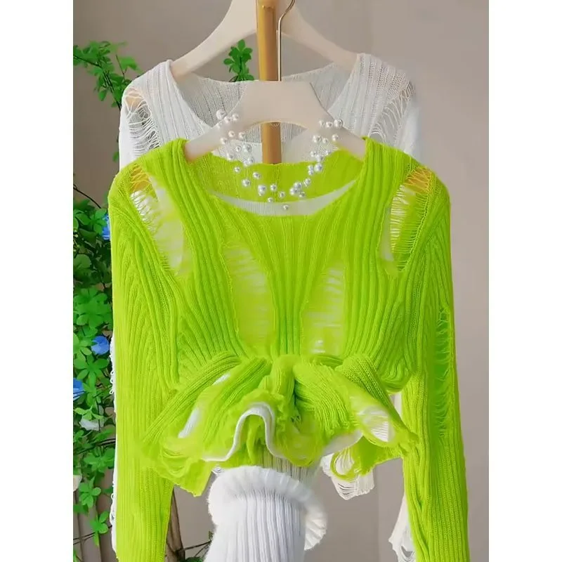 Thin Lazy Style All Match Loose 2025 Spring Top New Ripped Hollow Out Knitted Crew Neck Long-sleeved Versatile T-shirt