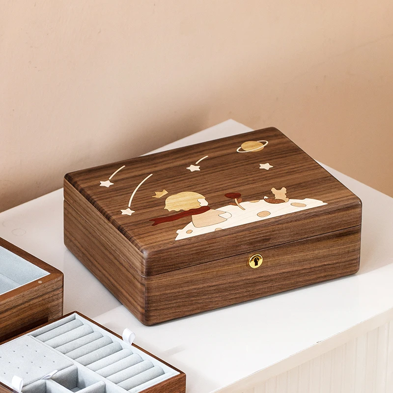 

Double-Layered Jewelry Box with Lock Small Prince Black Walnut Wood High-End Storage for Ladies Friends Gift