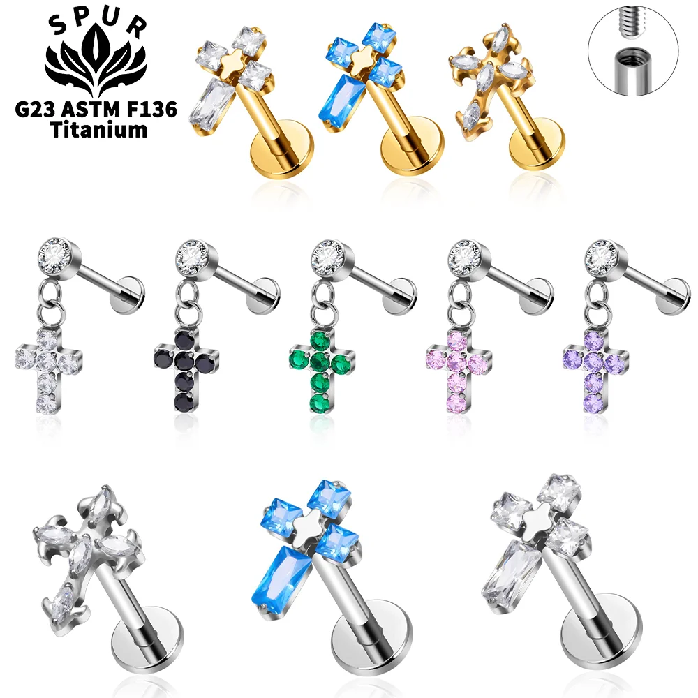 Titanium Cross Labret Stud Zircon Dangle Lip Piercing Internally Threaded Earring Cartilage Tragus Helix Body Jewelry Titanium