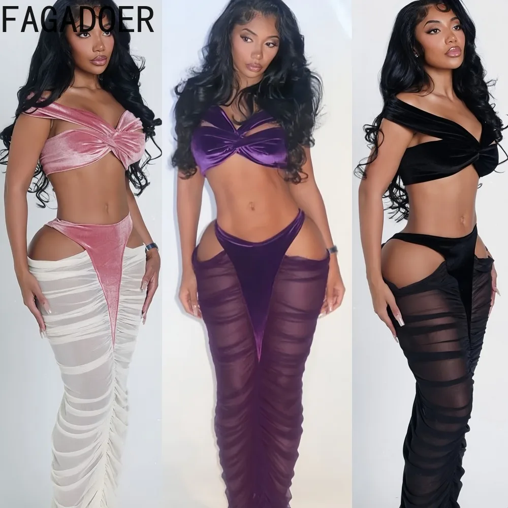 

FAGADOER Sexy Hollow Out Woman 2 Piece Set Outfit Spaghetti Strap Sleeveless Backless Crop Top+Skirt Matching Female Streetwear