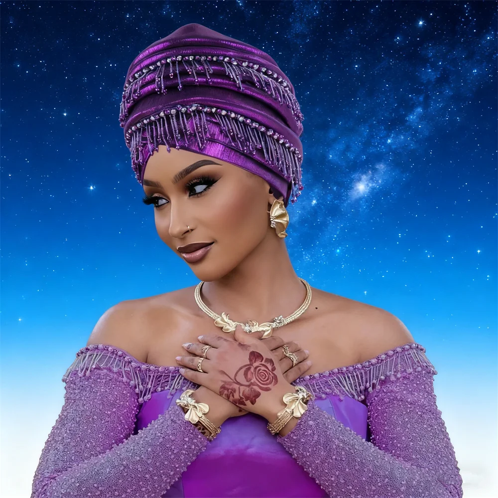 

2026 New Diamonds Beads Tassel Turban Cap for Women African Auto Gele Headtie Nigeria Wedding Party Head Weap Geles Hijab Bonnet