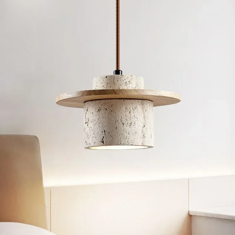 TechHPHigh Quality Stone Pendant Light Indoor LED Walnut/Log Yellow Travertine Chandelier Parlor