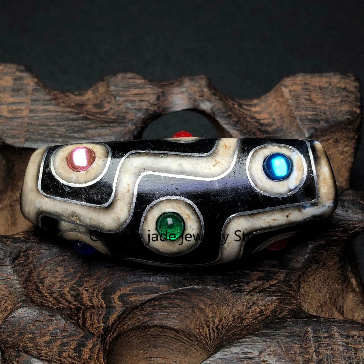 Tibetan Agate Inlaid Silver Wire Tourmaline 9 Eyes Dzi Bead Amulet Pendant Z3271