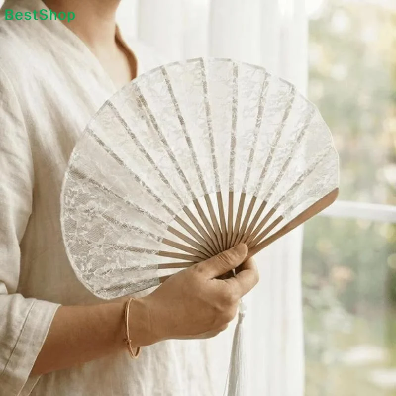 Lace Vintage Hand Fan With Tassel Pendant Handheld Embroidered Folding Fan White Delicate Hand Cranked Fan Photography Props