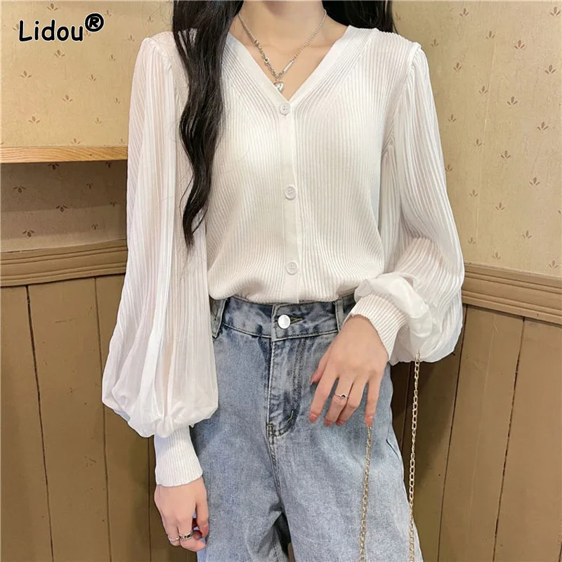 

Lantern Sleeve Single Breasted Solid V-Neck Women Shirt Slim Elegant Fashion Thin Worsted Spring Autumn Women's Clothing Simple