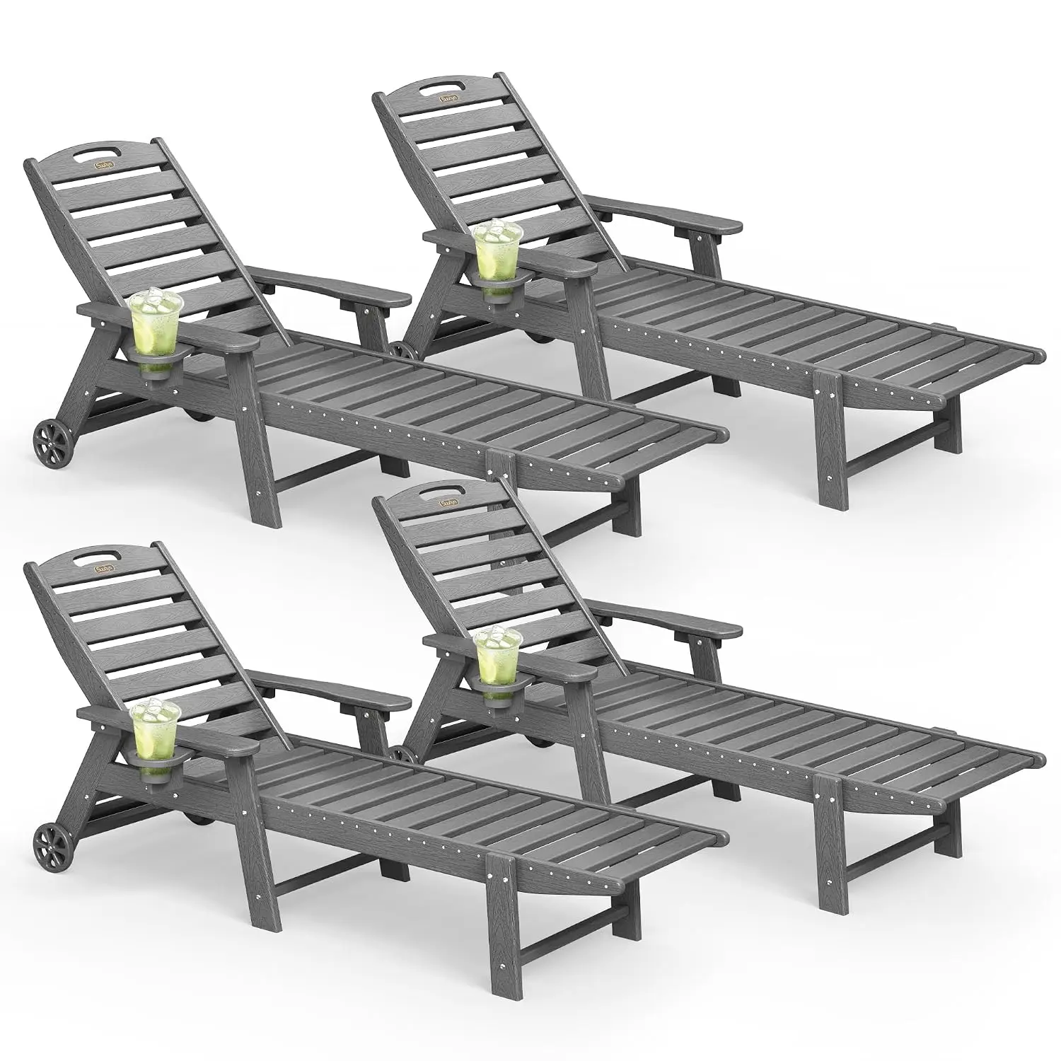 Chaise Lounge Outdoor Set of 4, Lounge Chair Outdoor with Wood Texture, Adjustable 5-Position Backrest, HDPE Lounge, Customized