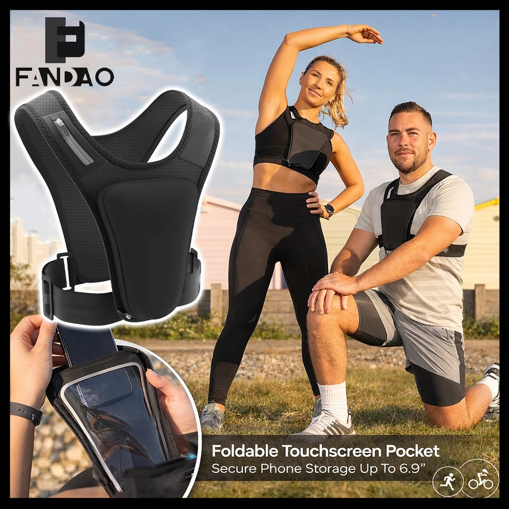 Running Phone Vest Chest Pack Adjustable Breathable Waterproof Sport Vest with Waterproof Touchscreen Pocket for Cycling Hiking