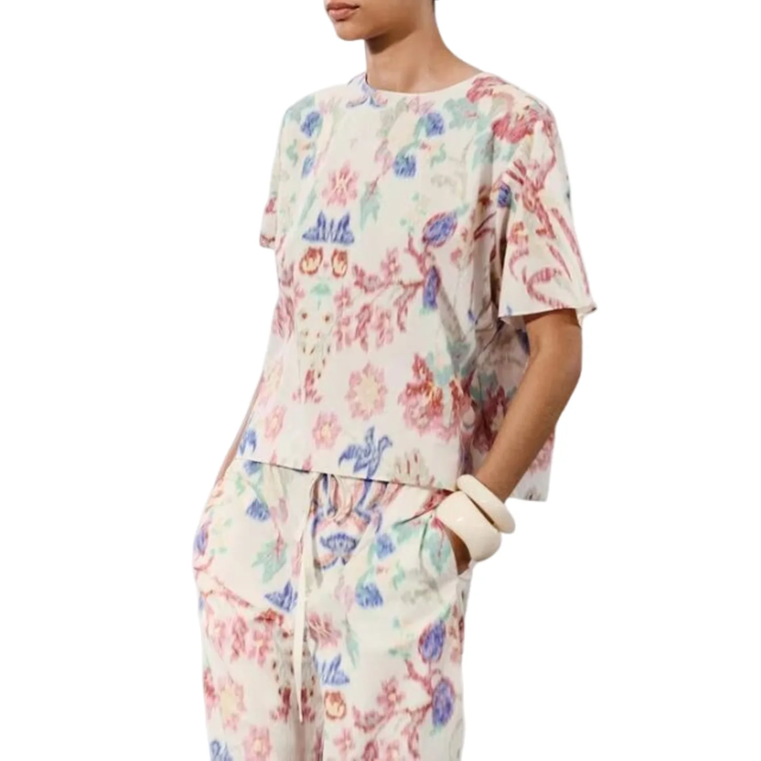 Printed Shirt and Straight Leg Pants Set for Women Short Sleeved Top Versatile Commuting Style Paper Bag New