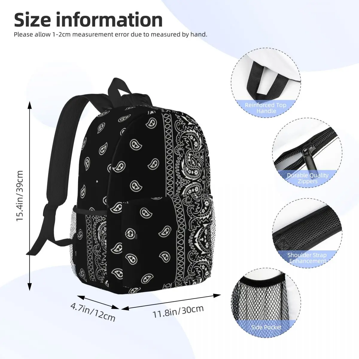 Kustom hitam putih Paisley Chicano Bandana gaya ransel Laptop Wanita Pria tas buku dasar untuk sekolah tas kuliah