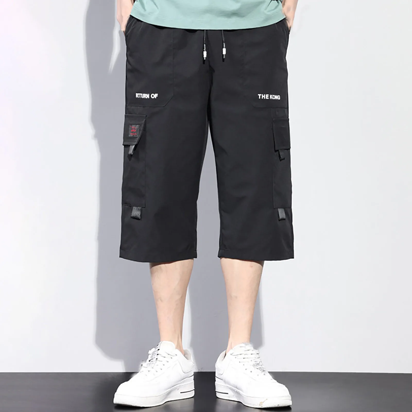 Multi Pocket Drawstring Straight Cargo Pants Men Solid Color Letter Printed Three Quarter Shorts Loose Casual Outdoor Shorts