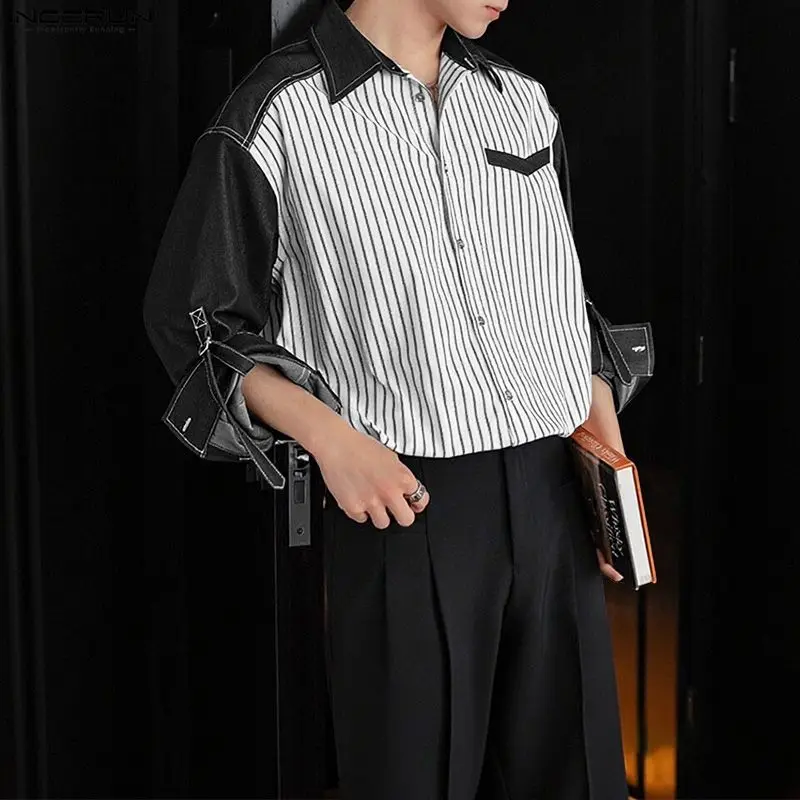 INCERUN الرجال قميص مخطط المرقعة اللون كتلة التلبيب كم طويل الرجال الملابس فضفاضة الشارع الشهير الكورية نمط بلوزات غير رسمية على الموضة