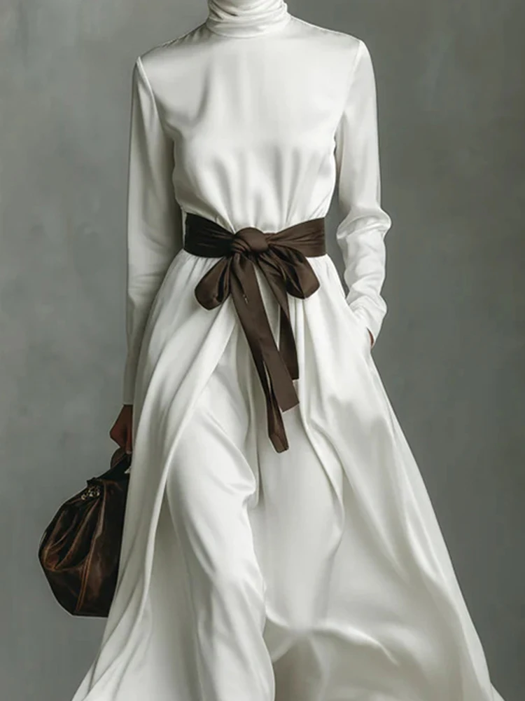 Vestidos Plissados com Amarração na Primavera, Vestido de Noite Elegante com Gola Alta e Manga Longa, Vestido Maxi em Cetim com Cores Contrastantes