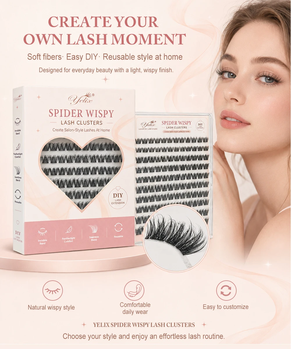 Yelix DIY Cluster Lashes Wispy Soft Selbstklebende Falsche Wimpernverlängerungen Großhandel für Schönheitssalons und Distributoren – Detail 8