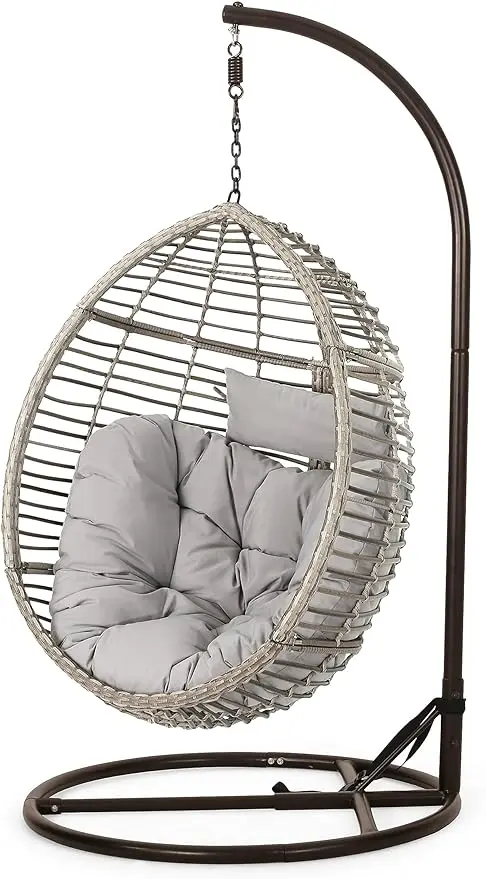 Outdoor Wicker Hanging Basket Chair with Water Resistant Cushions and Iron Base, Grey / Black