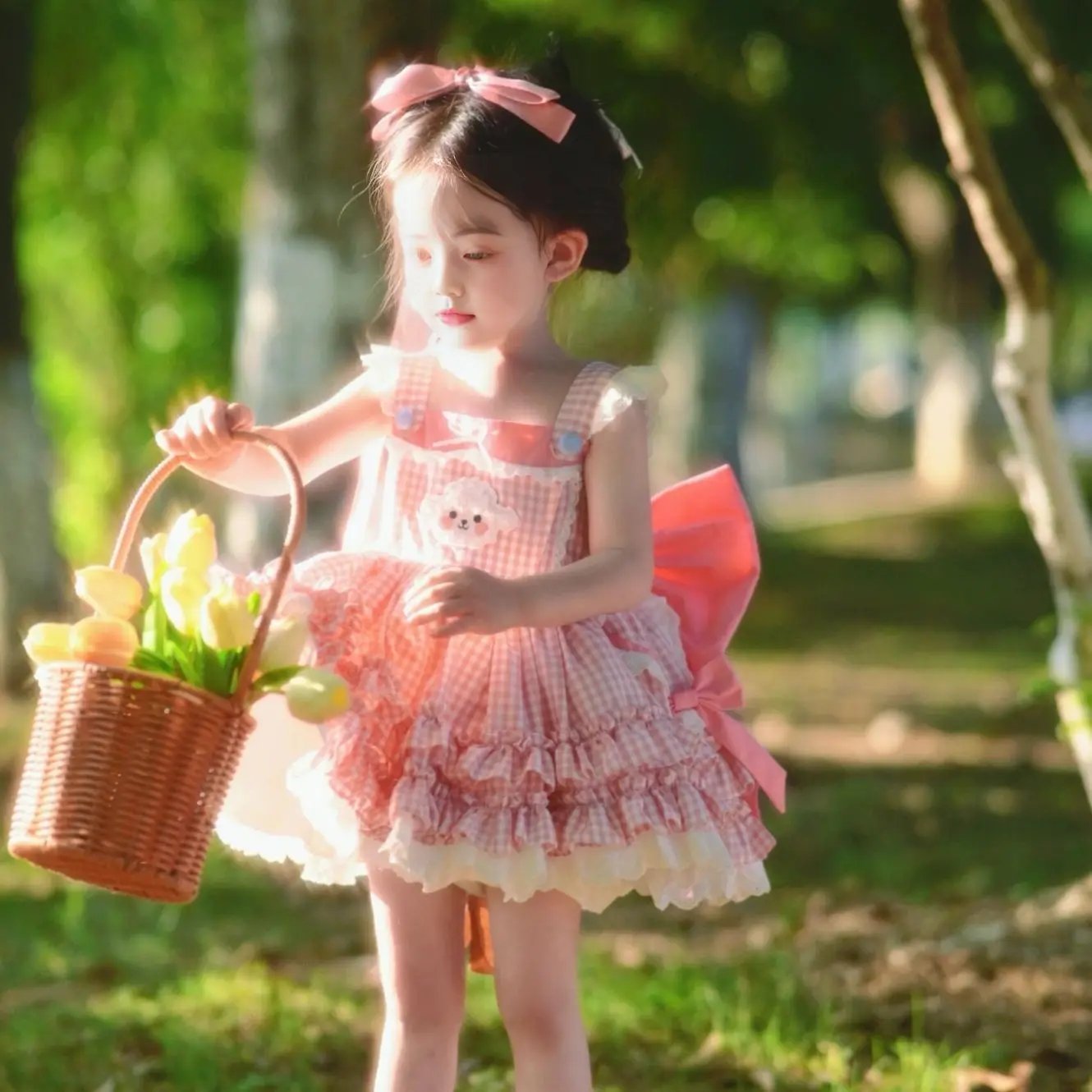 Summer Girls Korea Birthday Lace Pink Cute Plaid Wedding Ball Gown Bow Party Dress Princess Floral Baby Children Lolita Skirts