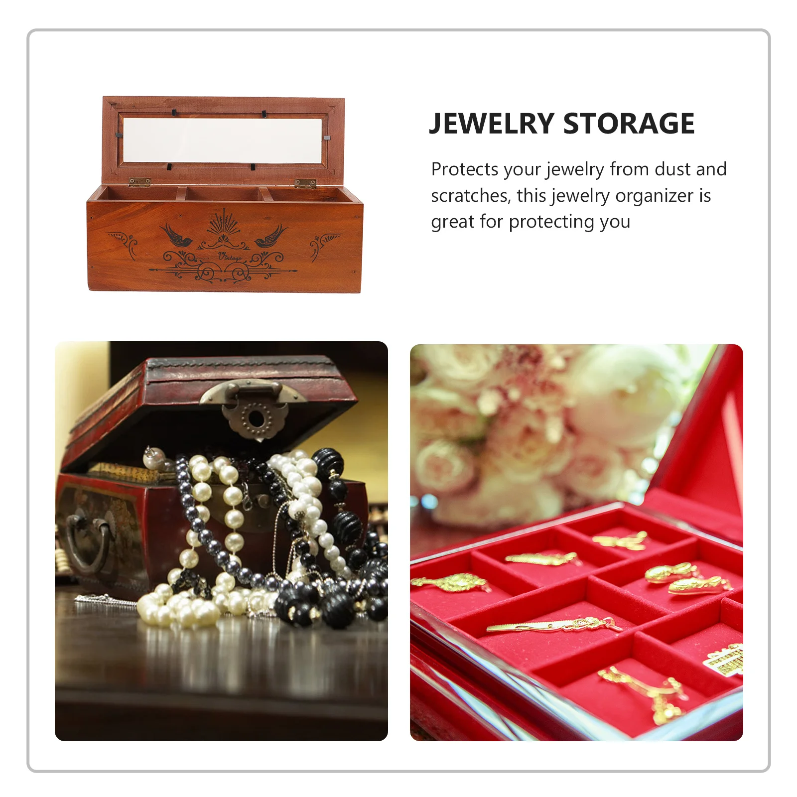 

Vintage Wooden Jewelry Holder Desktop 3 Compartments Jewelry Storage Box With Lid Durable Sturdy Gift For Women Birthday