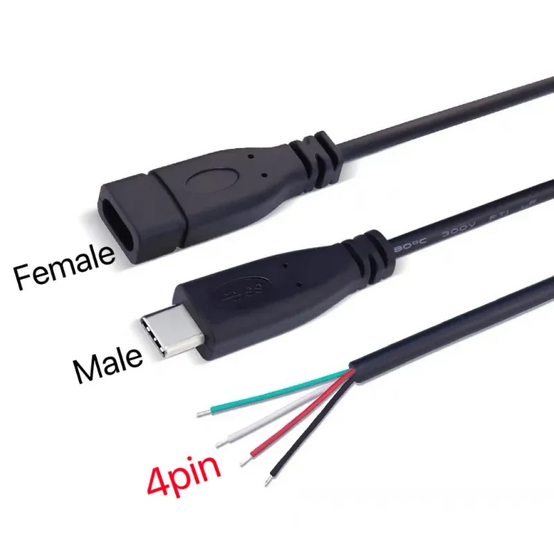 Type C USB 2.0 Male Female Plug Power Supply Charger Connector 2Pin 4Pin USB-C DIY Repair Cable Welding Type Wire 0.25M 1M