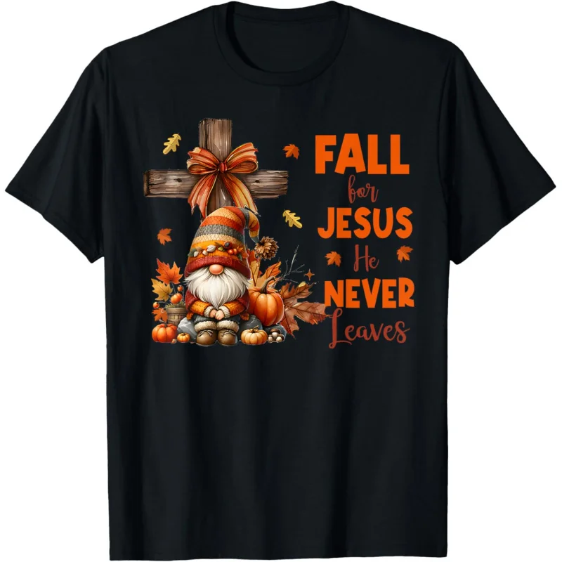 

Fall For Jesus He Never Leaves Autumn Religious Gnomes T-Shirt