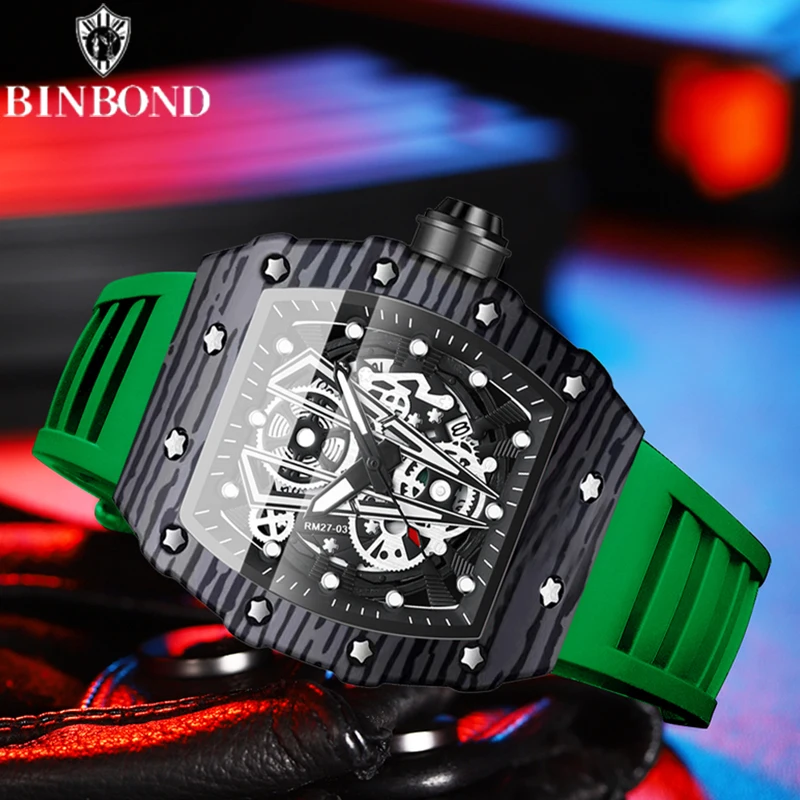 BINBOND 1pc Fashion Men Quartz Watch Domineering Barrel Curved Mirror Hollow Surface Sports Waterproof Silicone Strap Men Watch