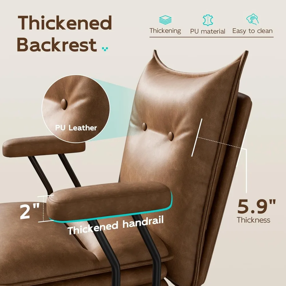 เก้าอี้สำนักงานหนังสีน้ำตาลมีล้อ ที่นั่งกว้างหนาสามชั้น ปรับความสูงได้ เก้าอี้ทำงานสไตล์โมเดิร์นยุคกลาง นั่งสบาย