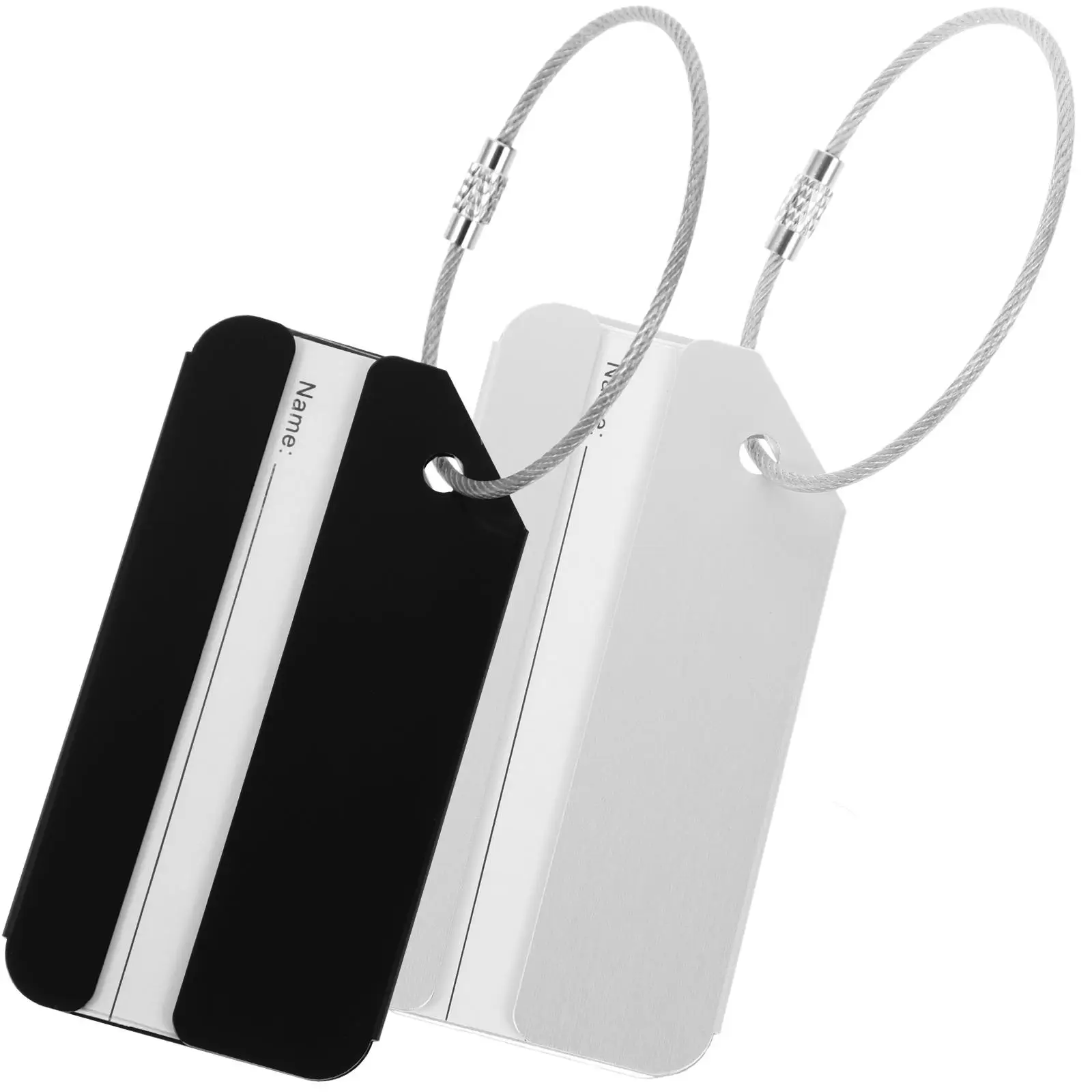 2pcs Aluminum Alloy Luggage Tags Durable Metal Suitcase Identifiers Name Card 8x4 2cm Black Silver Travel Baggage Labels