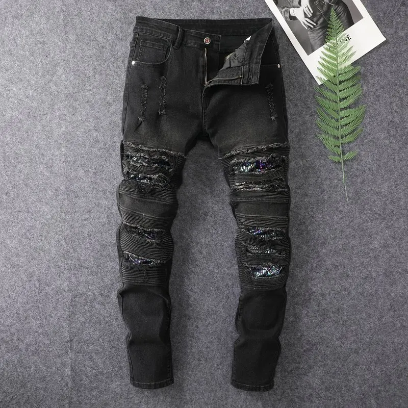 

2024 fashion trend distressed jeans for men's motorcycle slim fit small feet Street retro washed casual denim long pants