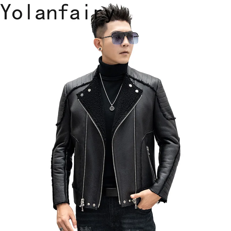 YOLANFAIRY Genuine Sheepskin Mans Real Fur Coat Winter Clothes Black Jacket Leather Motorcycle Jacket Wool Coats Men Куртка 2024