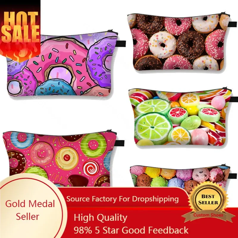 Candy/ Donuts Print Cosmetic Case Women Ice Cream Makeup Bags for Travel Large Capacity Cosmetic Bag Ladies Makeup Box