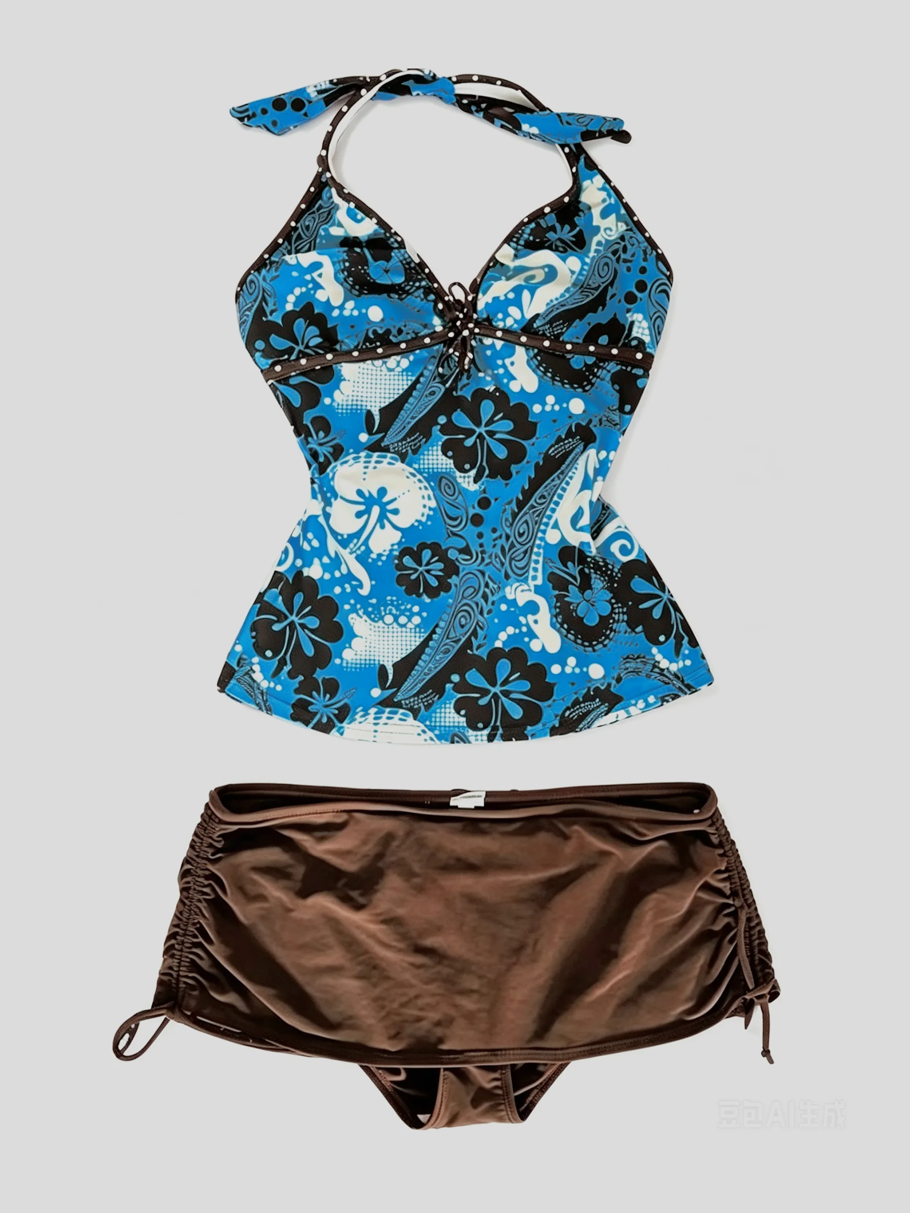 Retro Hawaiian Style Floral Print Cross Hanging Neck, Backless Slimming Split Flat Angle Swimsuit Vacation Set