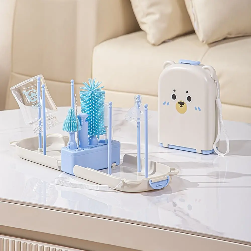 Práctico juego de cepillos para biberones con soporte, juego de herramientas de lavado con mango largo, limpiador de botellas de agua con rotación de 360 grados