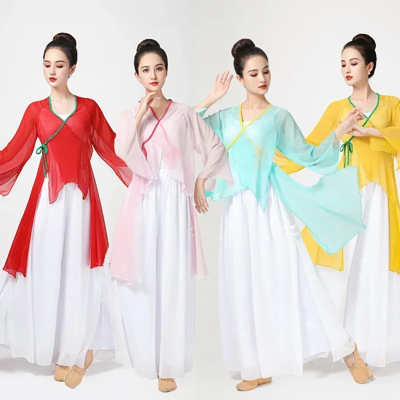 

Solid Color Chiffon Elegant V-neck Suit Bandage Woman Dance Costume Hanfu Women Chinese Traditional Classical Tops Oriental 6XL