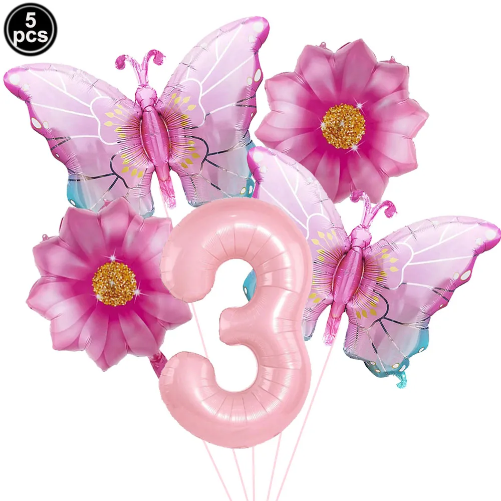 Rosa Zahlenballon Schmetterlingsballon Set Schmetterlingsballons Folie 32 Zoll 1.-9. Zahlen Geburtstagsdekoration für Mädchen Babyparty