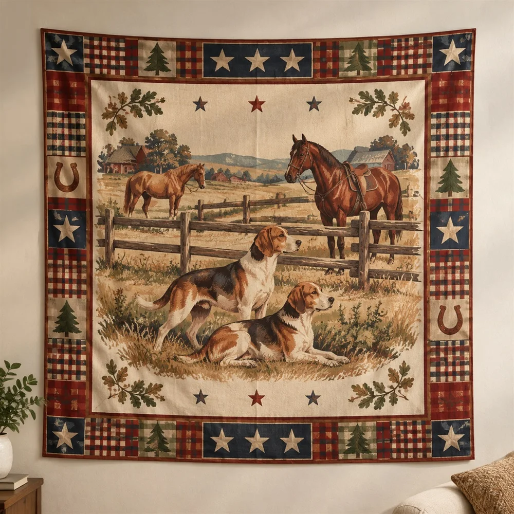 VIKAMA Hound and Horse Border Frame Tapestry Wall Hanging, American Wall Decor Tapestries for Kitchen Dining Room Living Room