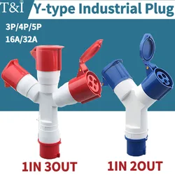 Industrial Y-Plug Socket: Waterproof 3-Way Branch Connector for 3 4 5 Pin 16A 32A Wiring with 220V 380V Three-Phase Electricity