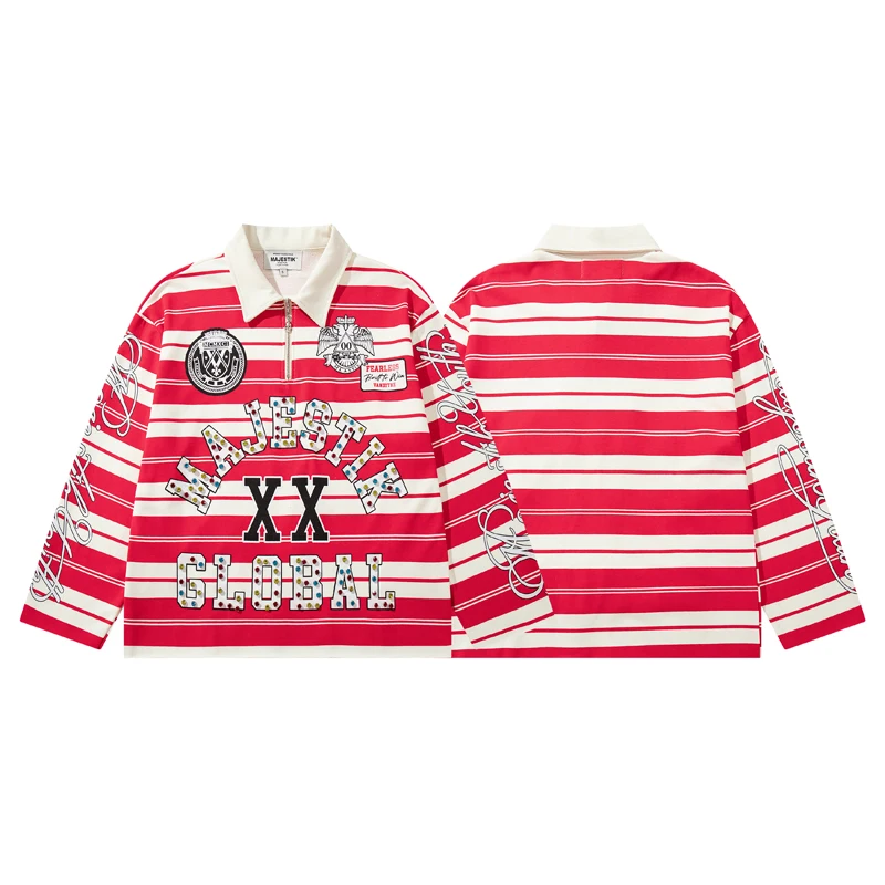 High Street Trendy Red White Striped Half Placket Man Polo Tees Rhinestone Letter Print Raw Hem Majestik Long Sleeve T-Shirts