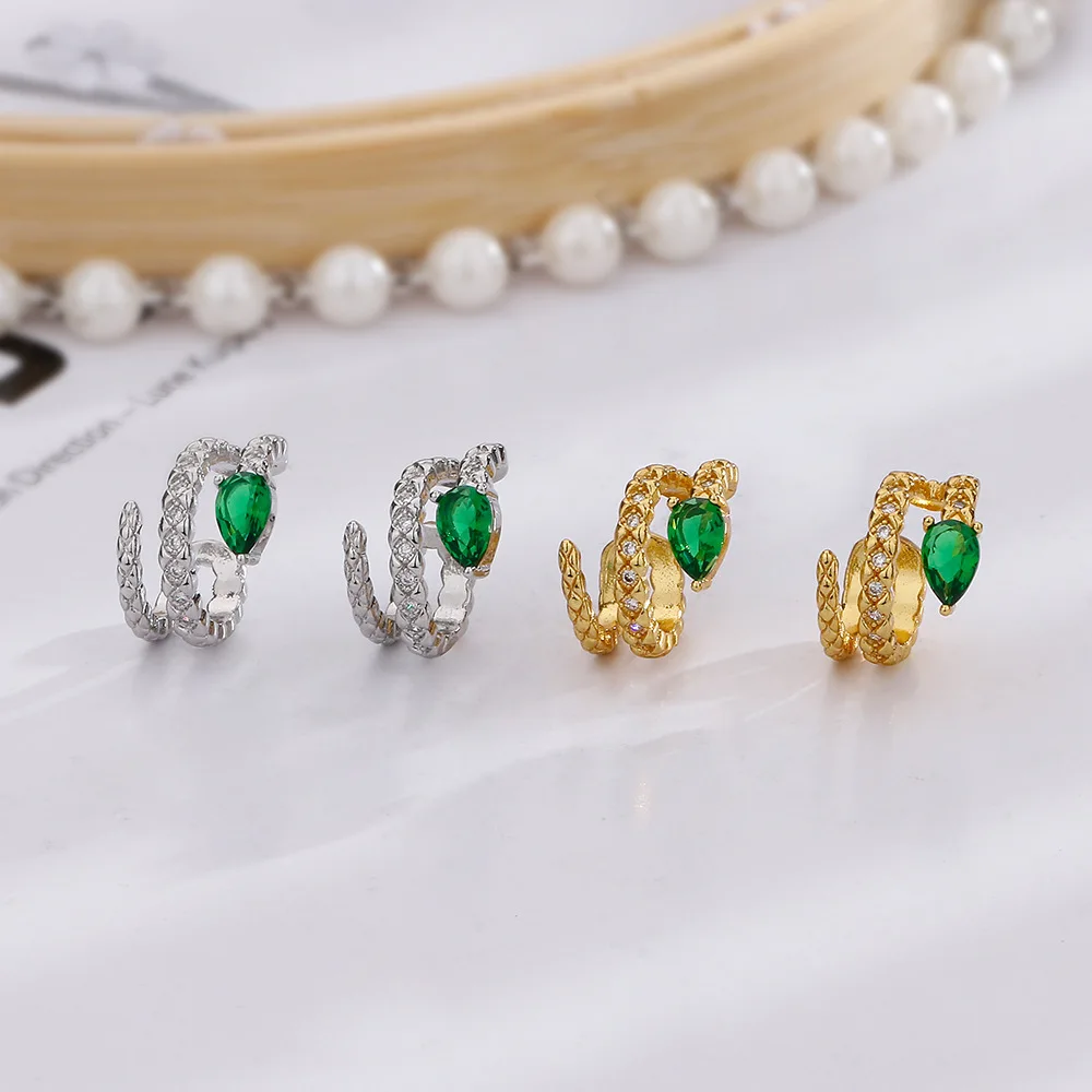 Exquisite Green Eyed Snake Ear Clip For Women Cool Girls Multi Layer Design Zirconic Non Pierced Chic Party Jewelry Accessories