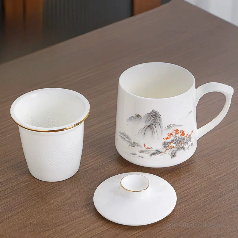 Chinese Style Ceramic Mutton Fat Jade Porcelain Mugs, Personal Tea Infuser Teacup, With Cover Filtered Tea Water Separation, 1Pc