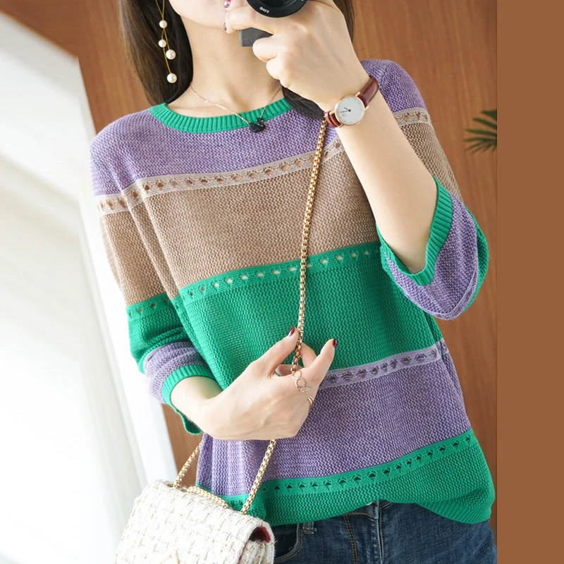 Summer Women knitted Short sleeve Thin Sweater Female Hollow Out Turtleneck Pullover Ladies knit Cotton Loose Jumpers