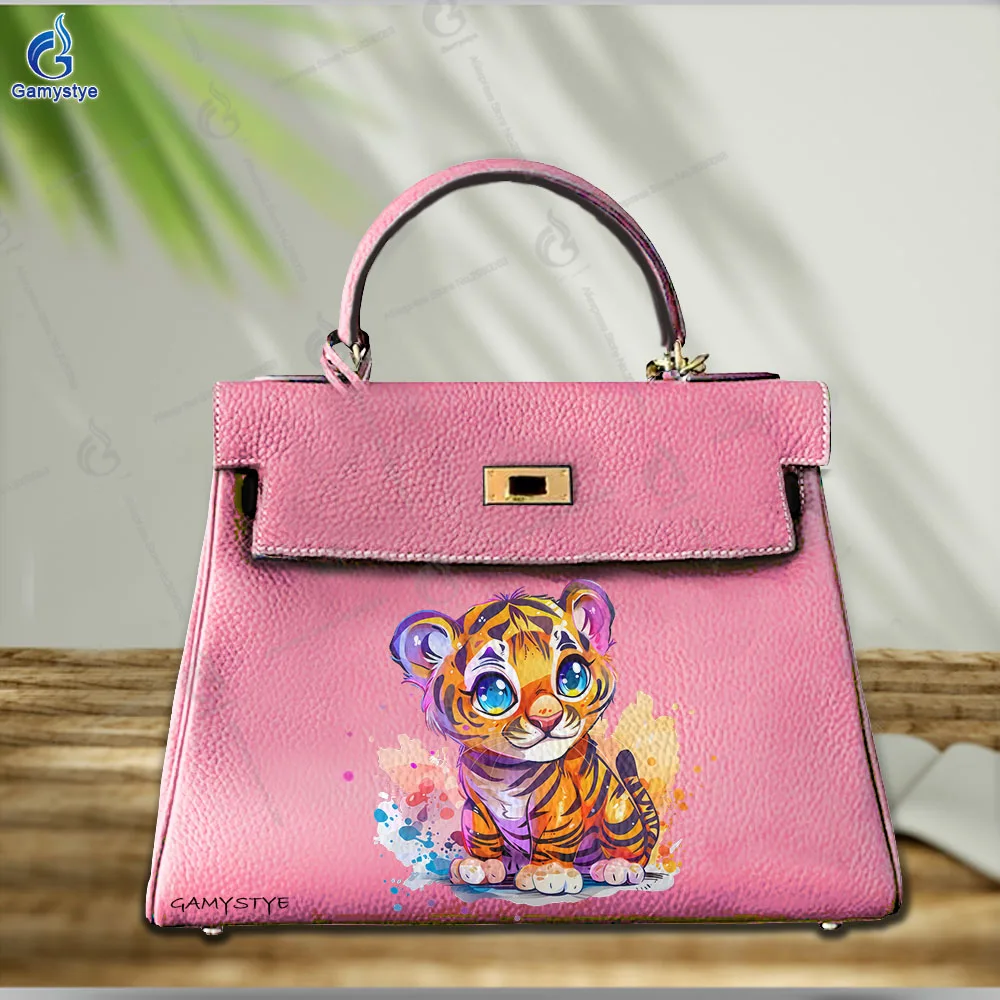 

Art Print Customize Totes Cute tiger cartoon print Real Cowskin Leather Ladies Hand Bag Female Carteras Para Mujer De Moda Origi