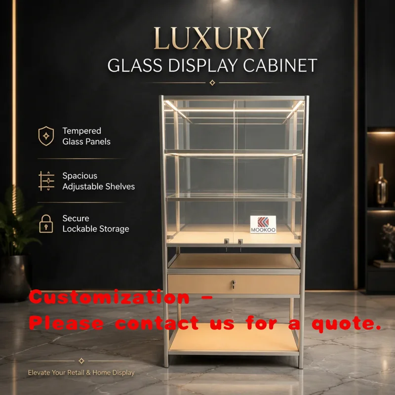 custom.MOOKOO Luxury Metal Frame Glass Display Cabinet LED Showcase Glass Display with Adjustable Shelves Retail Boutiq