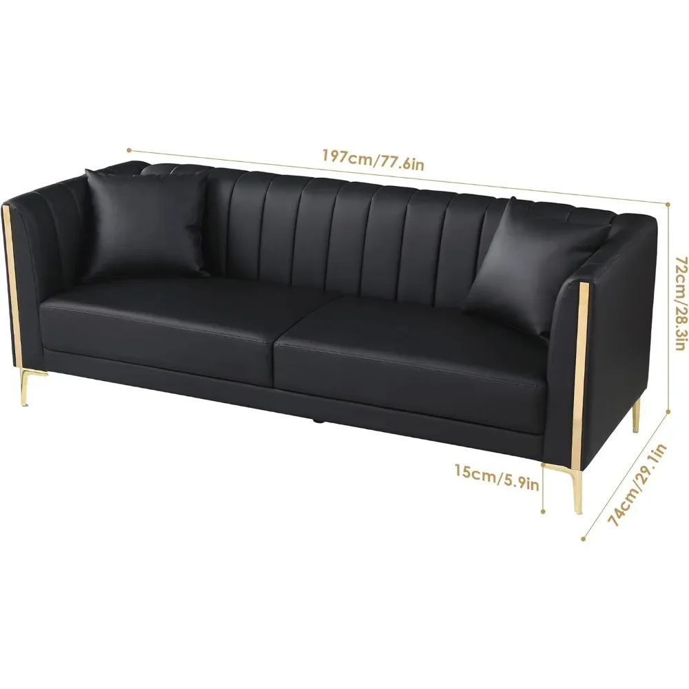 Comfy Sofa Faux Leather Sofa 3 Seater Sofa With 2 Throw Pillows and Gold Metal Legs Deep Seat Sofas for Living Room (Black) Bed